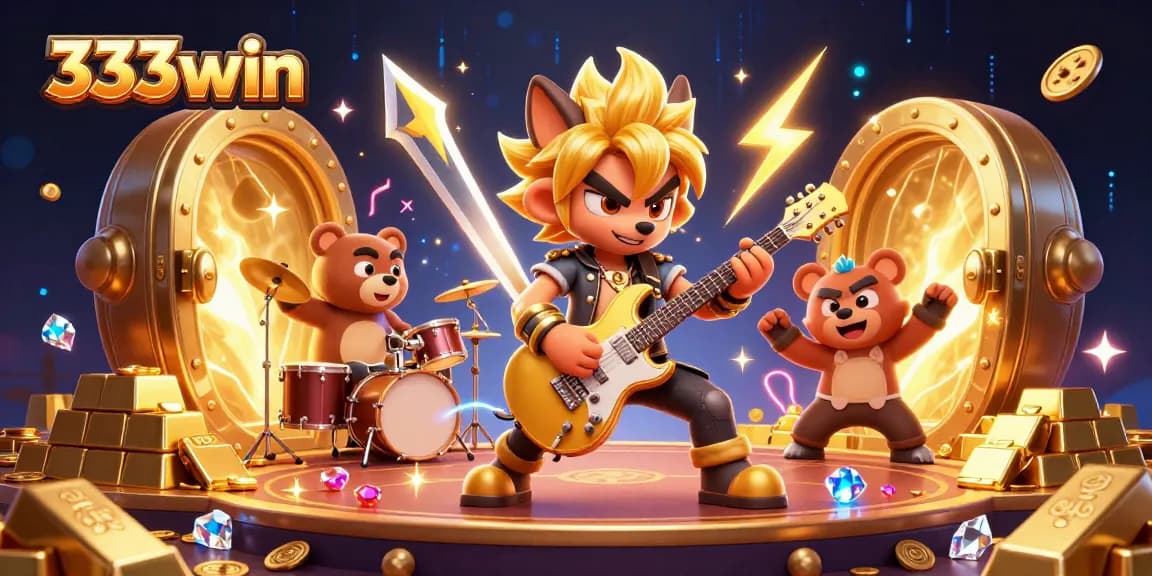 333win offers an electrifying casino scene with a rock star wolf and treasures galore.