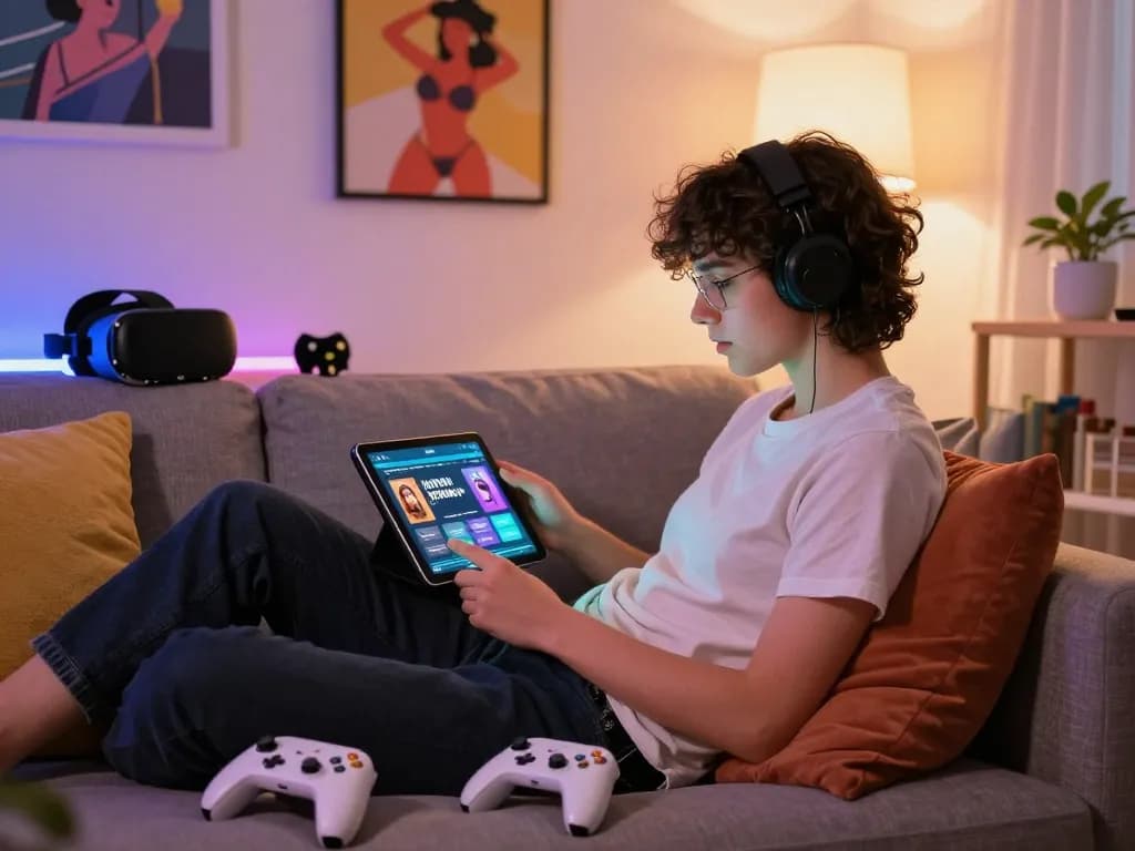 Engaged player enjoying HTML porn games on a tablet in a cozy environment.