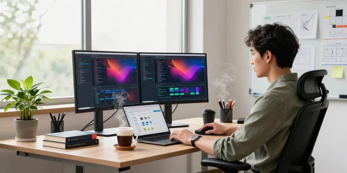 快连 software developer working in a modern tech office with dual monitors, natural light, and green plants.