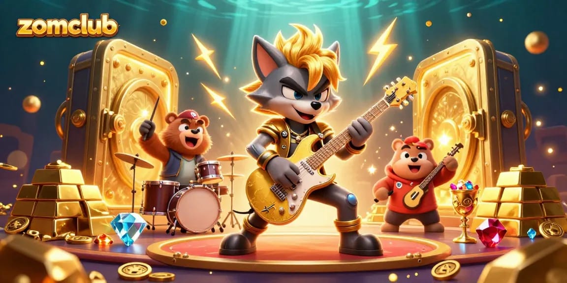 Witness the excitement at zomclub with a rock star wolf and drummer bear on a vibrant casino stage.
