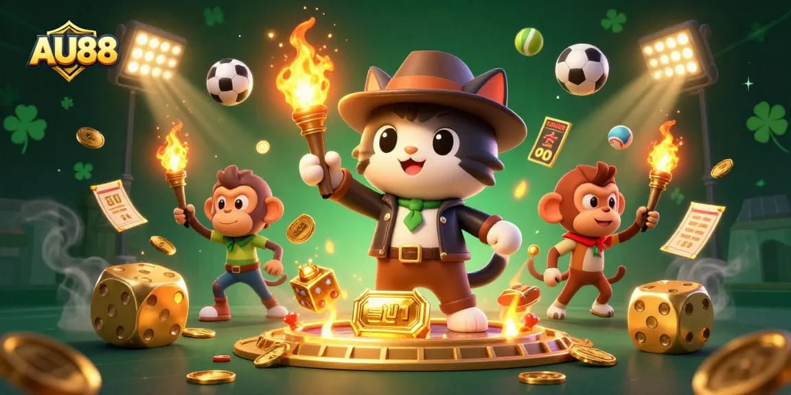 Explore winning strategies at AU88 with a vibrant 3D casino adventure scene featuring sports elements.