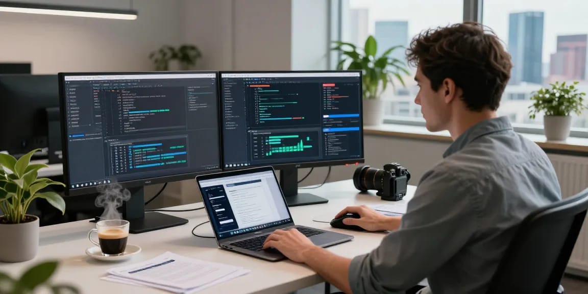 快连 software developer at a modern workspace with coding displays and city view.