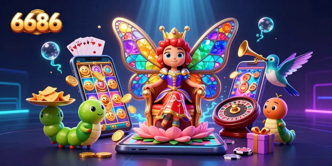 Engage in thrilling gameplay with 6686's dazzling butterfly queen and vibrant casino symbols.