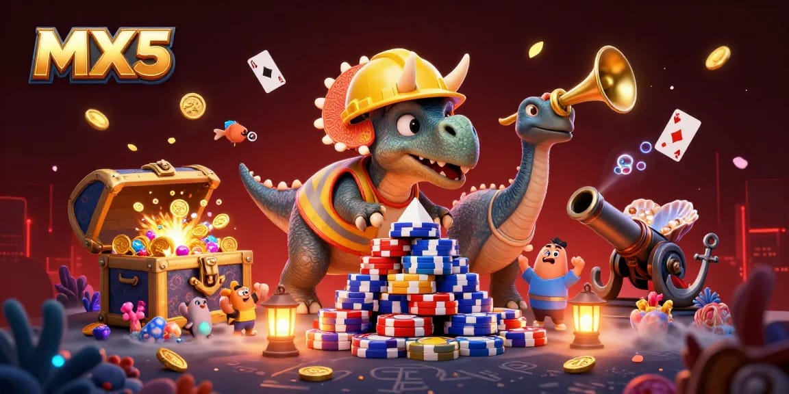 Experience thrilling action at MX5 with a vibrant 3D scene of dinosaurs celebrating poker wins!