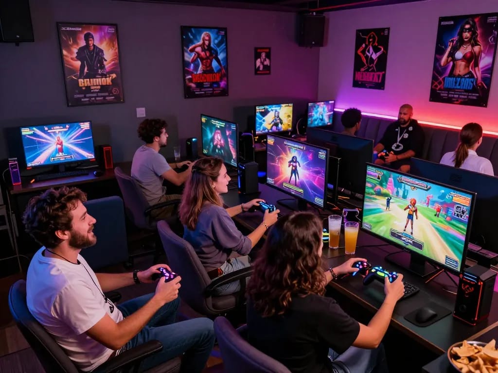 Exciting group playing interactive game sex in vibrant gaming lounge setting.