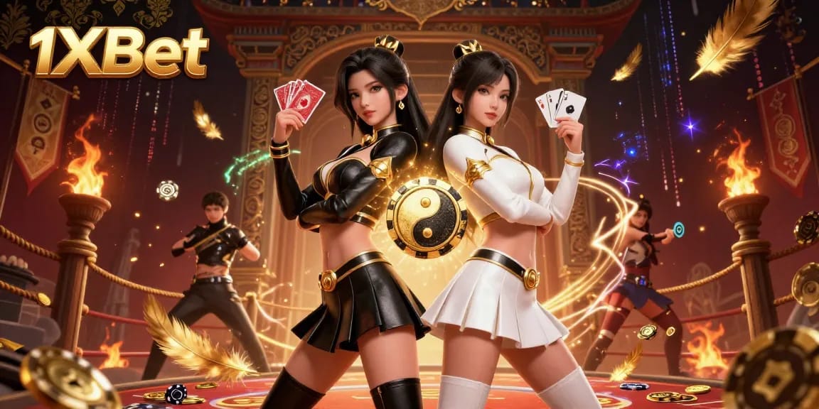 Experience thrilling action with 1xBet as twin Asian women hold playing cards amidst a vibrant casino scene.