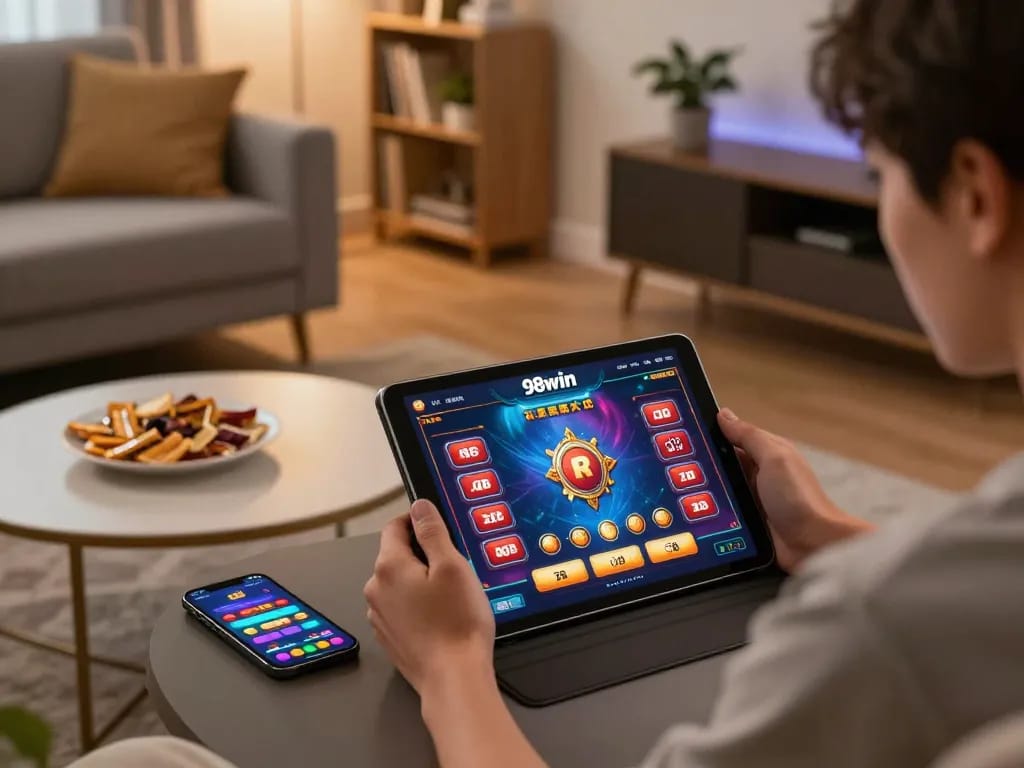 Engaging in 98win đăng nhập on a tablet displaying vibrant casino games in a cozy home setting.