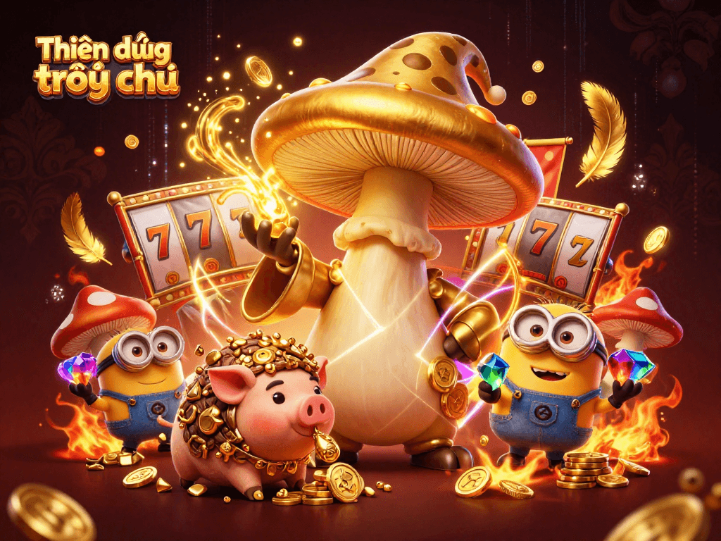 Experience the magic of Thiên đường trò chơi with golden treasures, slot reels, and mystical characters.