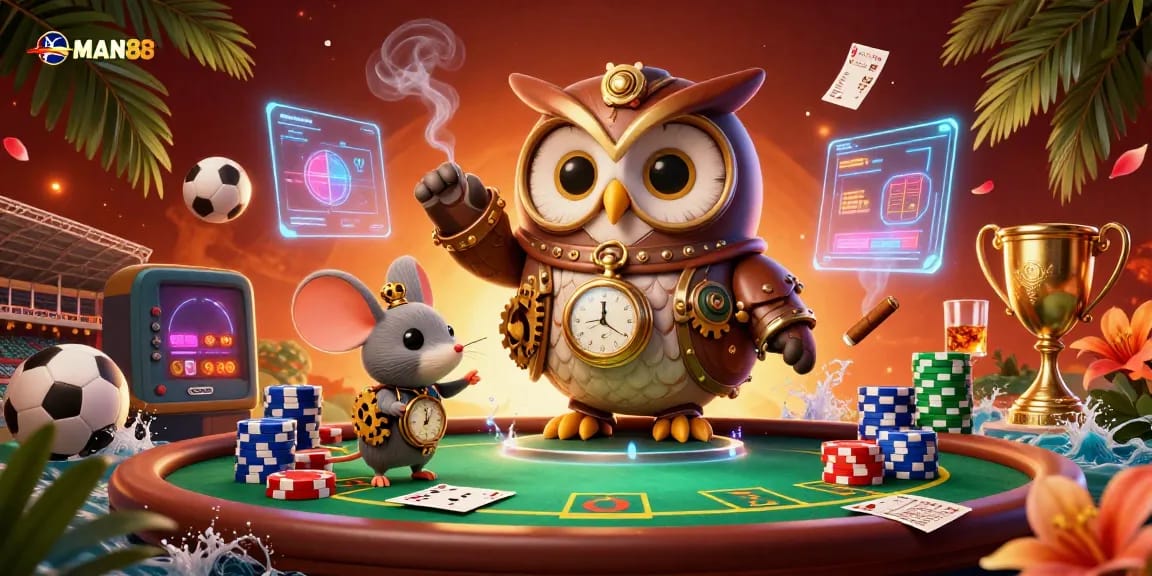 Experience the excitement of MAN88 sports betting with vibrant characters, poker elements, and dynamic casino details.