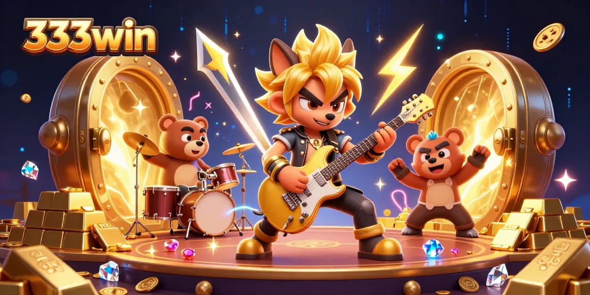 333win offers an electrifying casino scene with a rock star wolf and treasures galore.