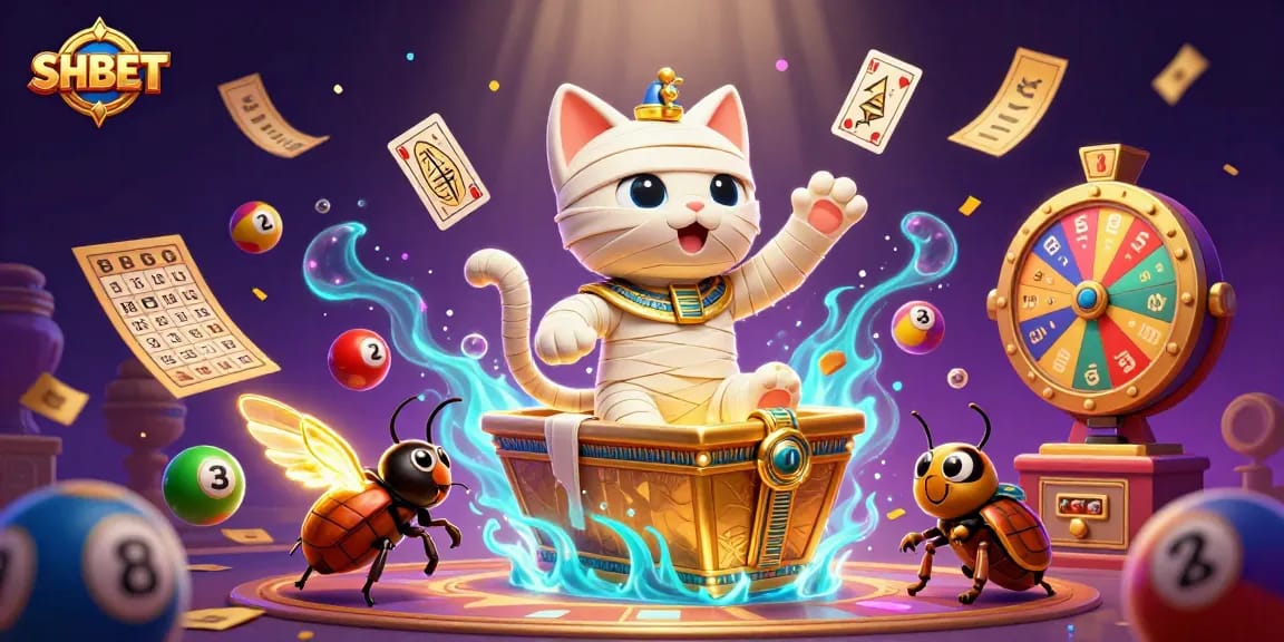 Experience the thrill with SHBET's dynamic casino scene featuring a lively mummy kitty and vibrant game symbols.