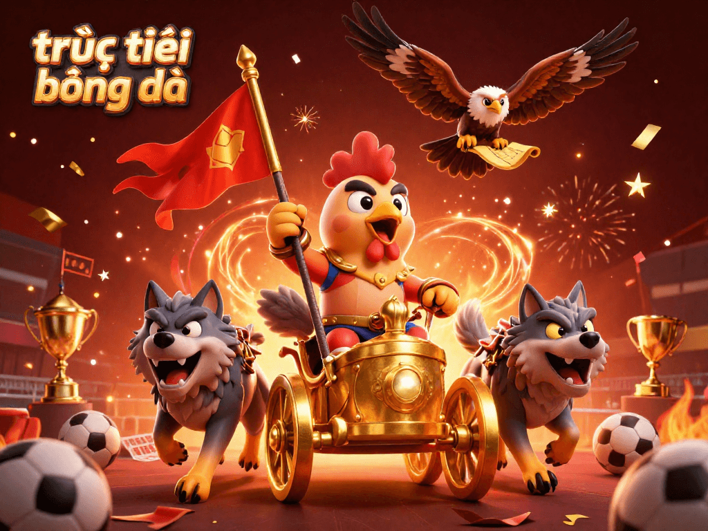 Experience trực tiếp bóng đá action with dynamic characters and vibrant casino elements flying around.