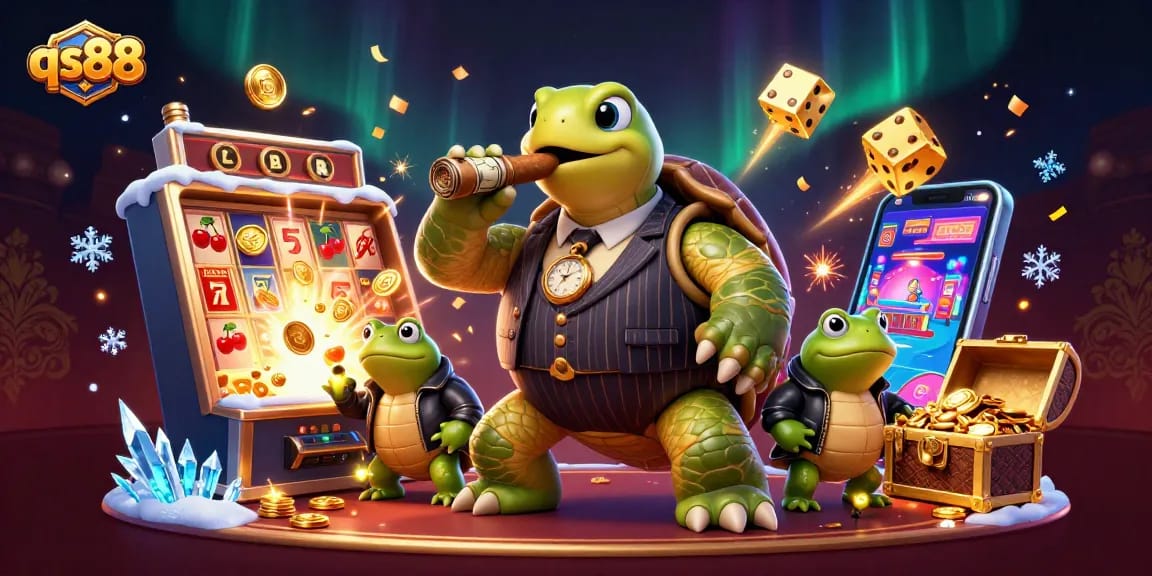 Experience thrilling games at qs88 with a vibrant casino scene featuring a snapping turtle in a suit.