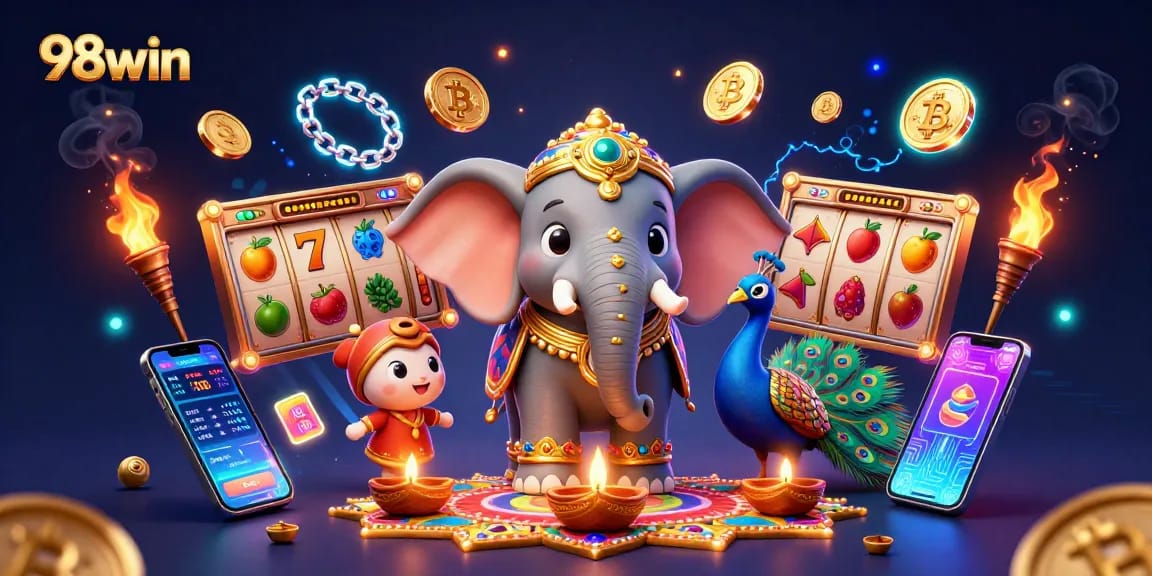 Immerse in 98win slot gaming with a colorful elephant and peacock, featuring vibrant jackpot elements.