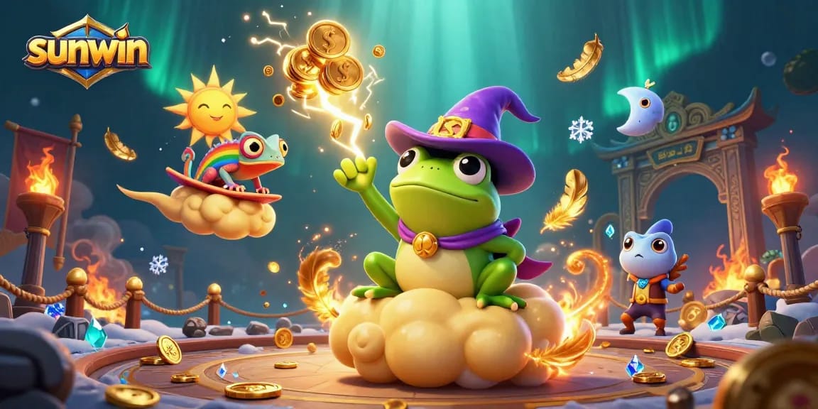 Experience the excitement of sunwin with a lively casino illustration featuring vibrant characters and elements.