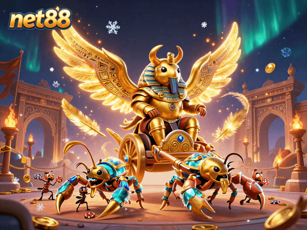 Engage with net88’s vibrant casino scene featuring a golden beetle and scorpions.