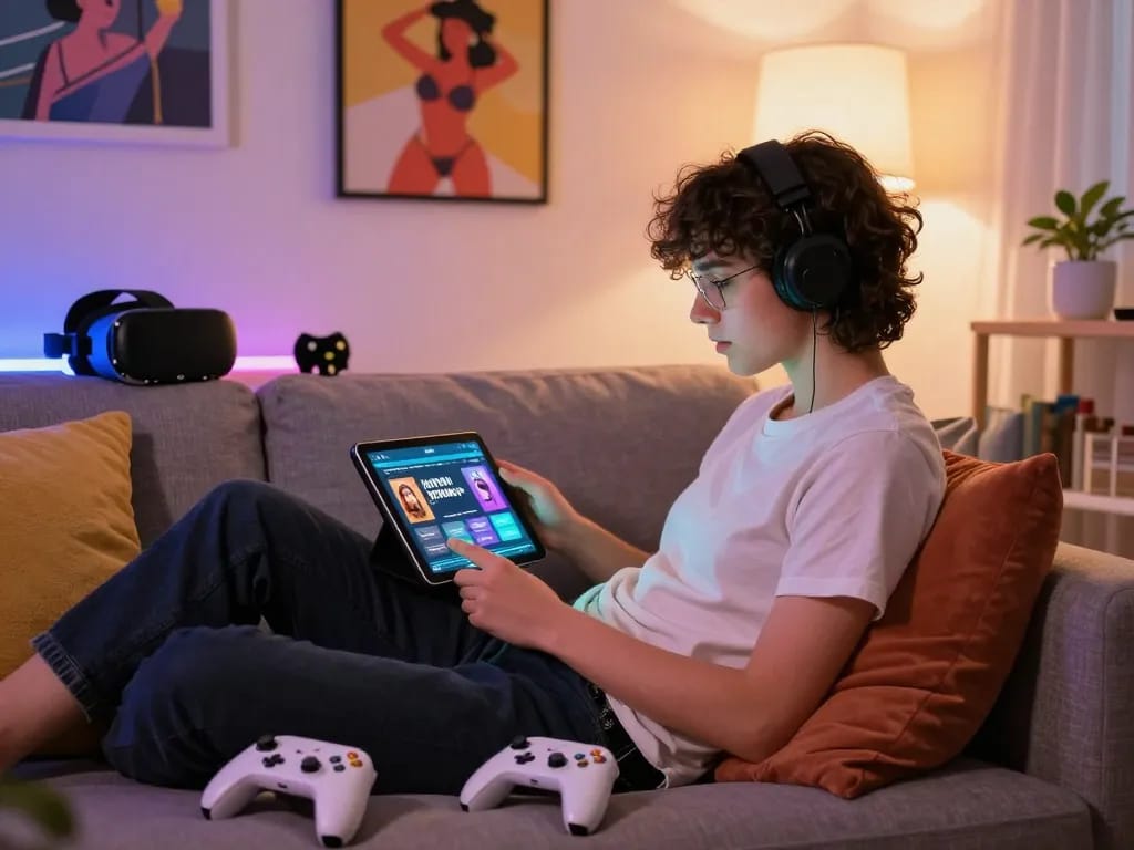 Engaged player enjoying HTML porn games on a tablet in a cozy environment.