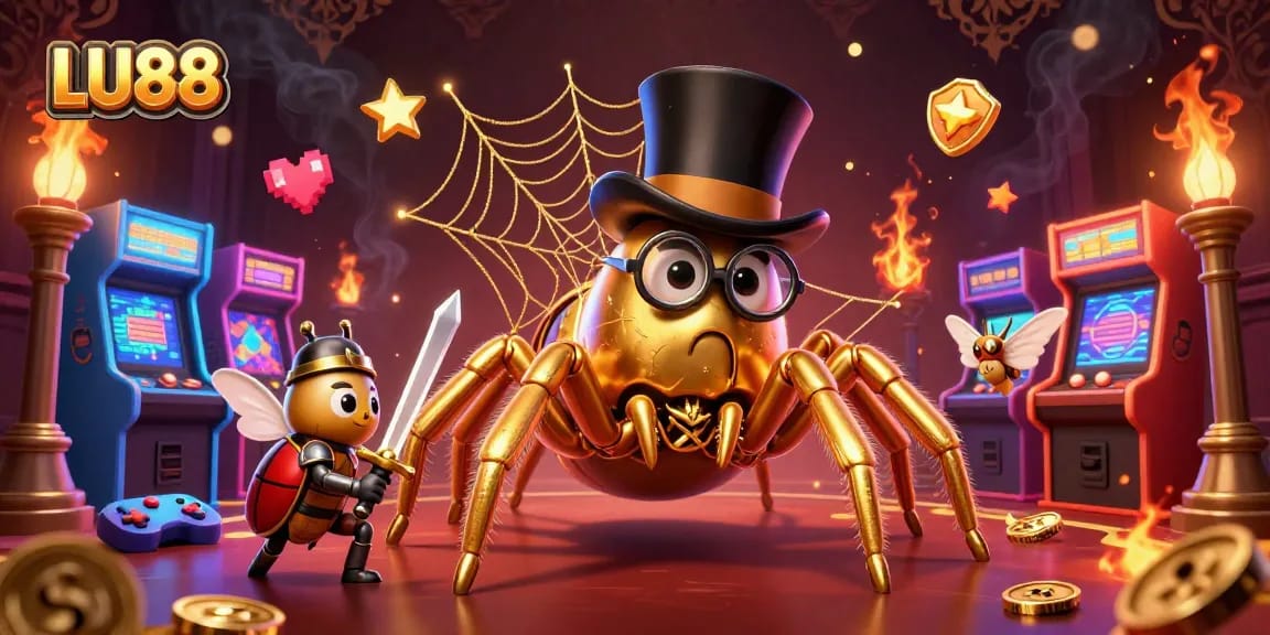 LU88 brings excitement as the golden tarantula weaves its web in a vibrant casino scene.