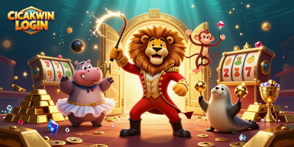 CICAKWIN LOGIN showcases a vibrant 3D circus scene with a lion ringmaster and classic casino elements, infusing excitement and adventure.