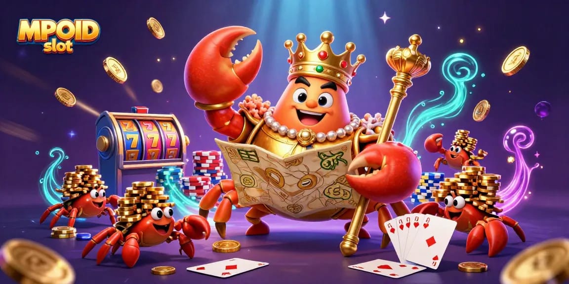 MPOID slot illustration featuring a golden crab emperor, lucky sevens, and vibrant casino elements.