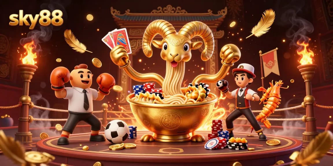 Experience thrilling action at sky88 with a golden ramen bowl dealer surrounded by vibrant sports betting elements.