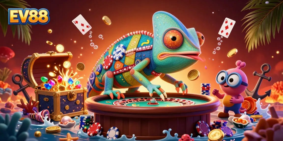 Win big with EV88 at the colorful casino scene featuring a chameleon owner and dazzling game elements.