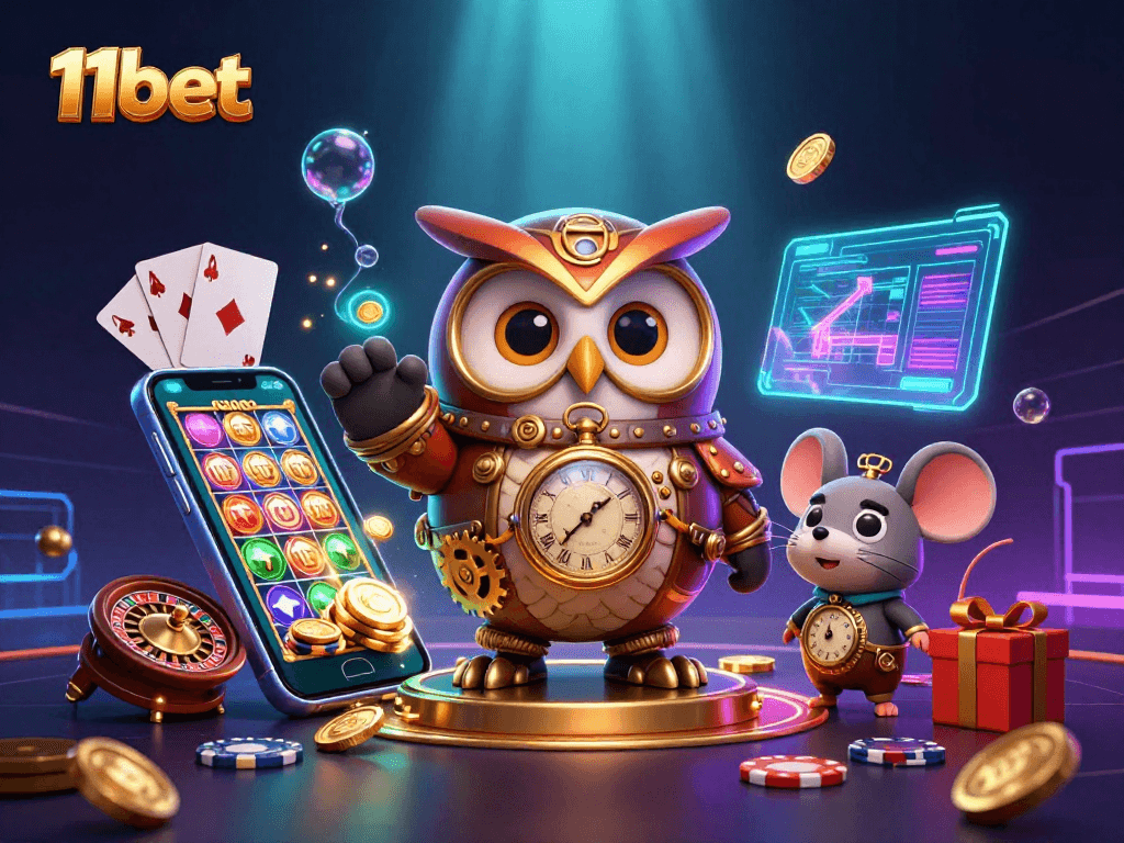 Engage with the 11bet experience featuring vibrant casino elements and time-traveling characters.