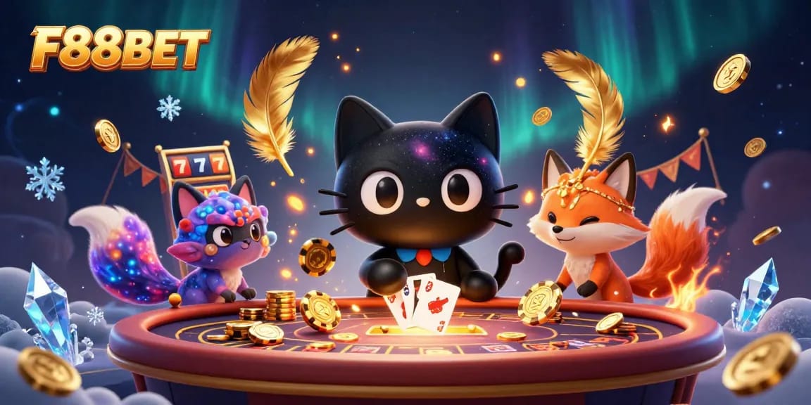 Win big at F88BET with colorful cosmic casino game featuring cards and chips.
