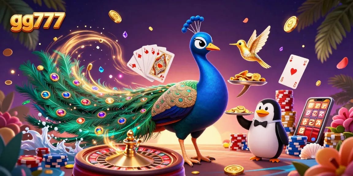 Win big with gg777 in a vibrant casino scene featuring a majestic peacock and golden chips.
