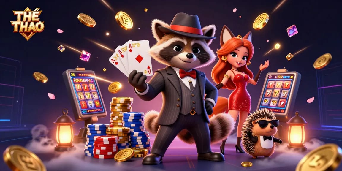 Experience THỂ THAO excitement with a 3D raccoon, fox, and hedgehog in a vibrant casino scene.