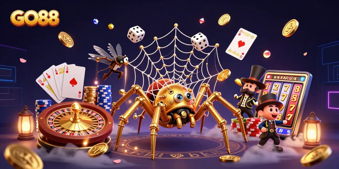 GO88 offers thrilling experiences in a vibrant casino scene with a lucky steampunk spider.