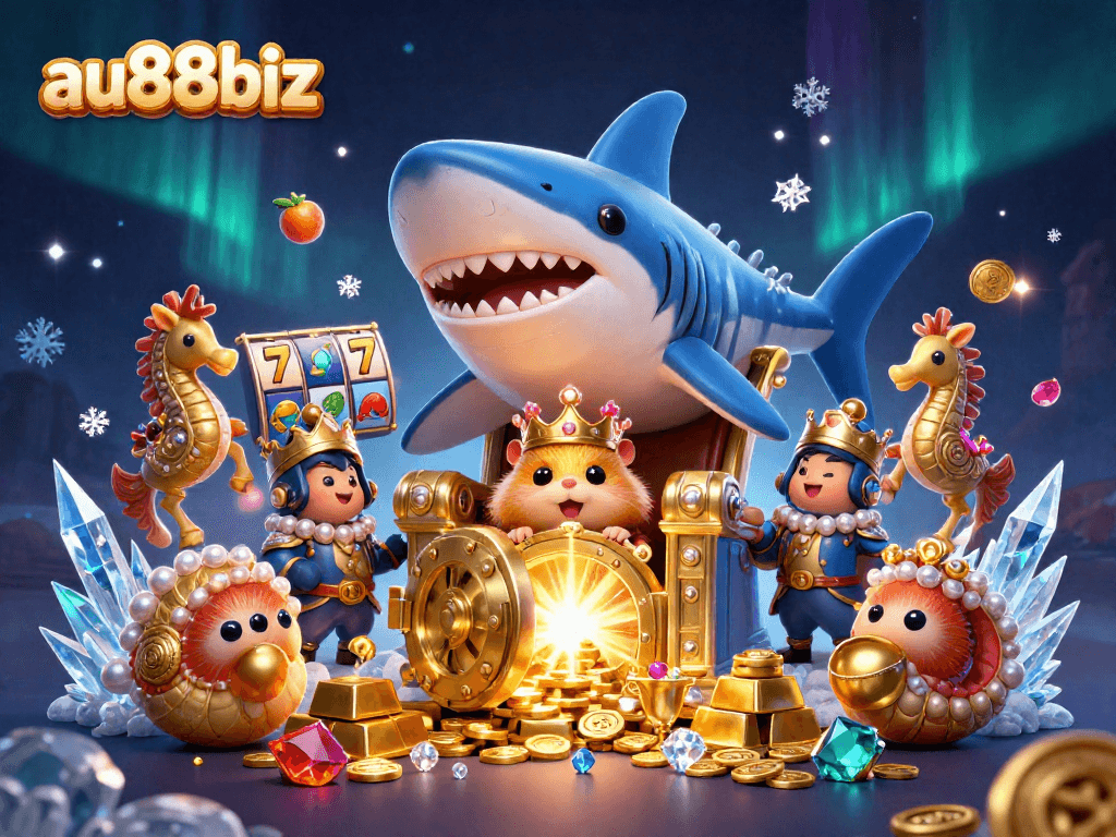 Engage in thrilling gaming action at au88biz with a lively 3D illustration showcasing a hamster king amidst slot superstars.