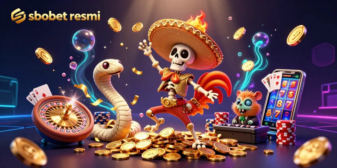 Experience vibrant gaming action with sbobet resmi featuring a skeleton mariachi rooster and dynamic casino elements.
