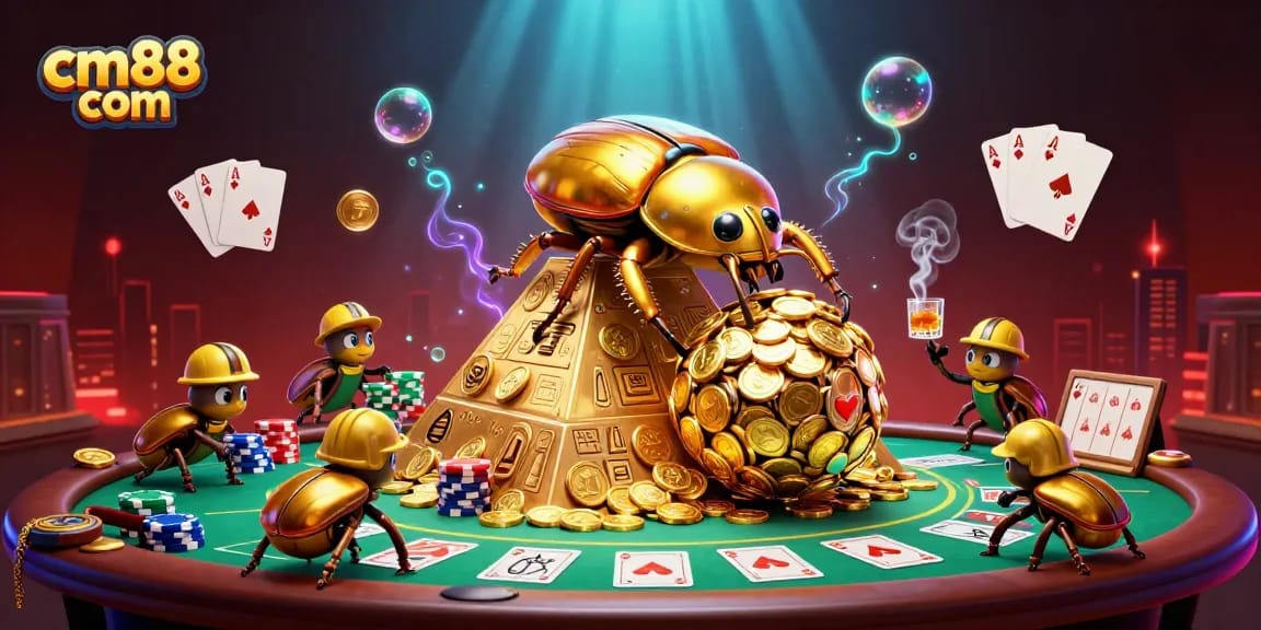 Experience thrilling gameplay at cm88 com with golden beetles and casino symbols in a vibrant scene.