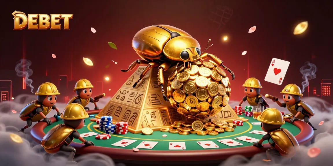DEBET showcases massive golden dung beetle rolling coins in an exciting casino scene, featuring poker elements.