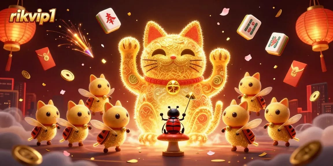 Experience the thrill of rikvip1 with a giant lucky cat and vibrant casino elements in action.