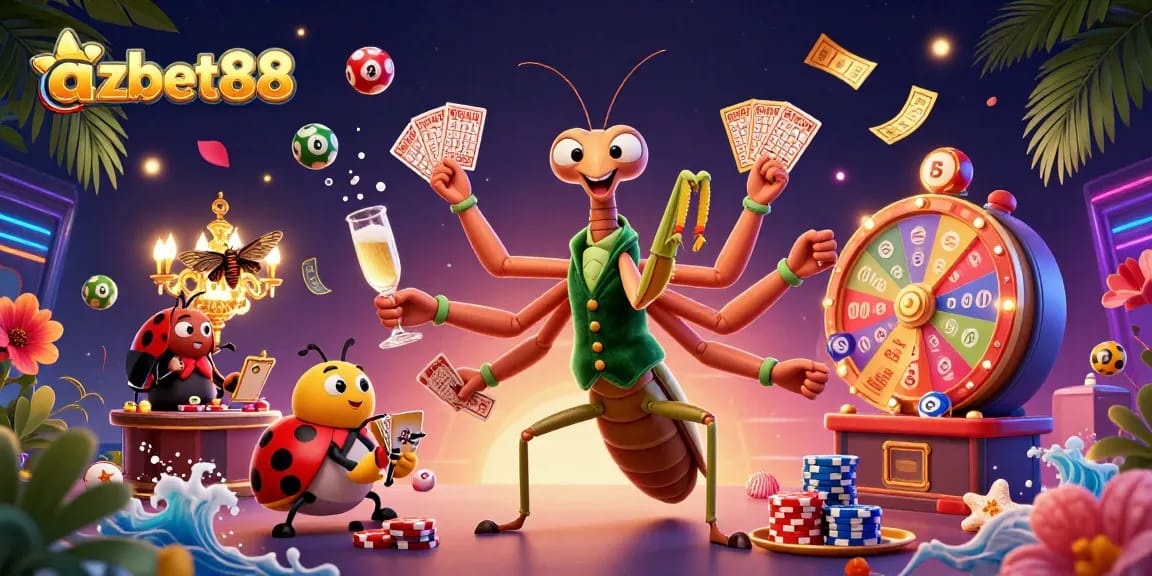 azbet88 showcases a vibrant 3D casino scene with characters engaged in thrilling gambling activities amidst colorful elements.