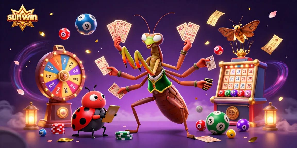 Experience thrilling action with sunwin as a giant mantis deals cards and a ladybug oversees games.