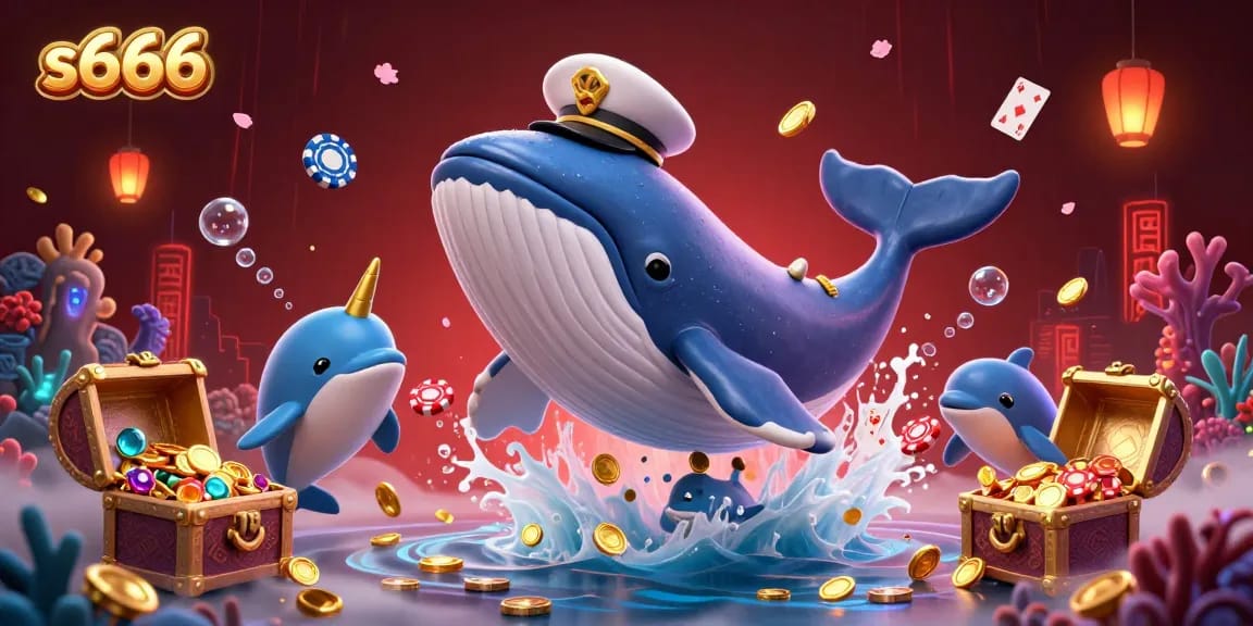 Experience the excitement of s666 with 3D rendering of a whale, narwhal, and dolphins amidst casino elements.