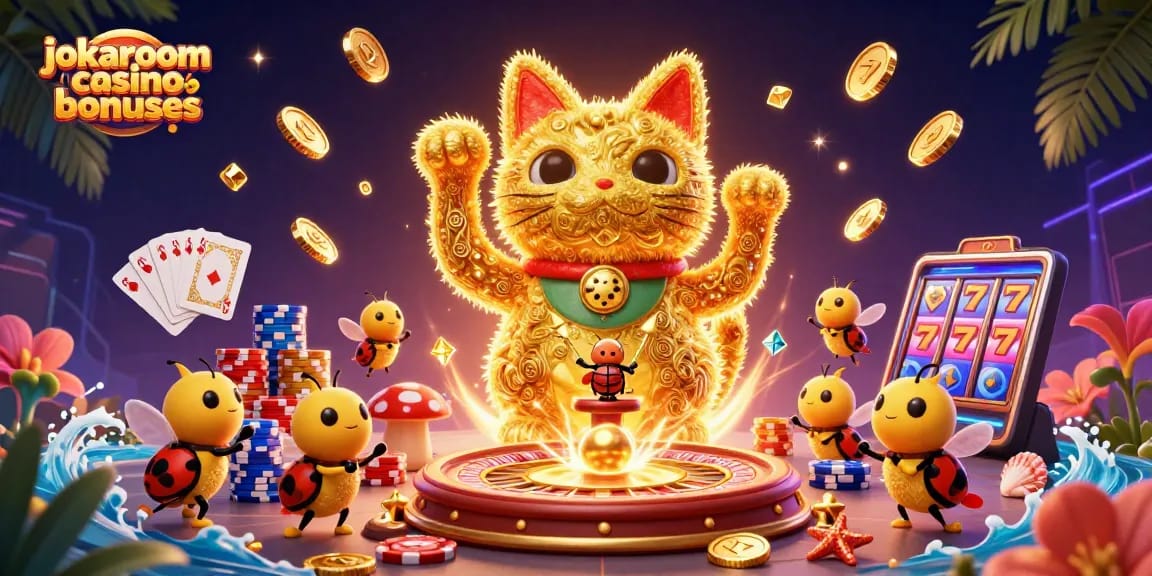 Experience the excitement of jokaroom casino bonuses with a vibrant 3D illustration of casino symbols and golden fireflies.