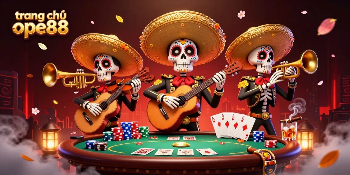 Experience the energy of trang chủ ope88 with vibrant mariachi characters at a poker game.