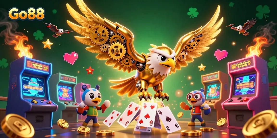 Join Go88 for thrilling gameplay as a cybernetic eagle navigates a vibrant casino world packed with games.