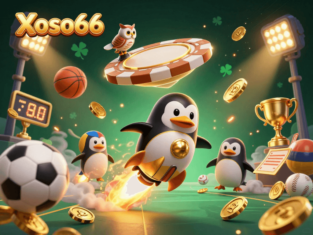 Xoso66 offers thrilling adventures with a golden penguin racing towards a vibrant casino space.