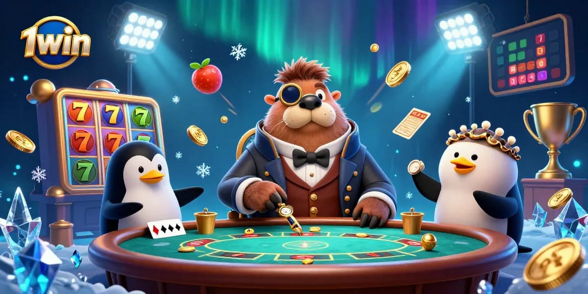 Play engaging 1win slots with a cartoon walrus and dealer for fun-filled winnings.