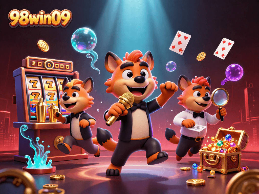 Experience the thrill of 98win09 with a vibrant casino scene featuring animated hyenas and exciting gameplay elements.