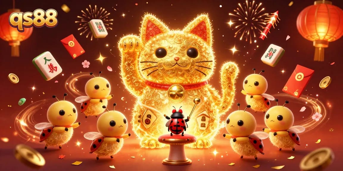 Engage with qs88's vibrant casino experience featuring a magical lucky cat made of fireflies.