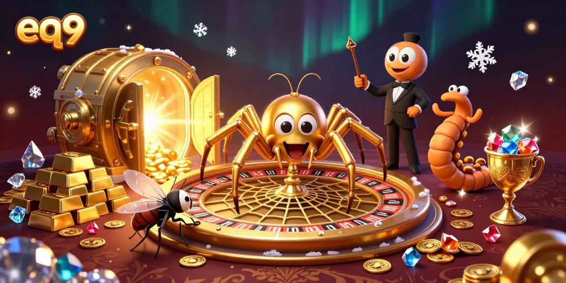 Place bets at eq9 with a colorful 3D scene featuring a golden spider and a roulette wheel.