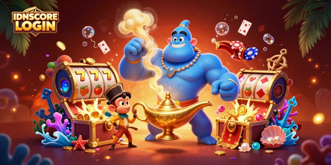 Experience thrilling gameplay with IDNSCORE LOGIN illustrated by a genie and poker chips in a vibrant casino scene.