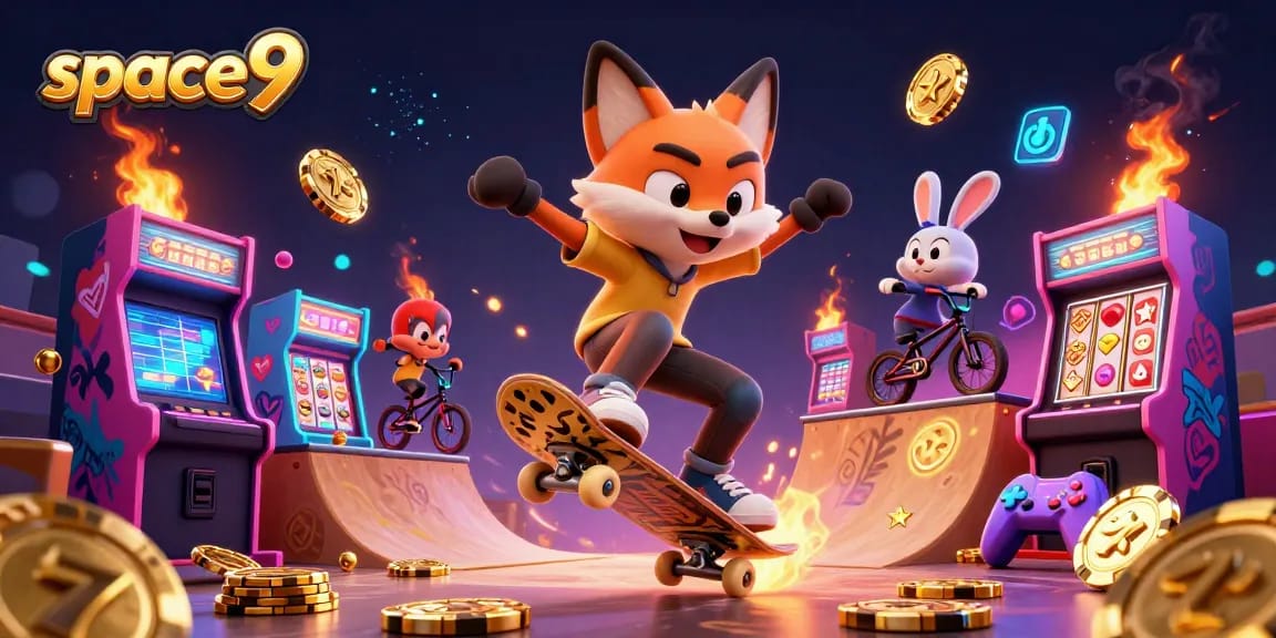 space9 casino-themed illustration with vibrant characters and games celebrating online gaming.