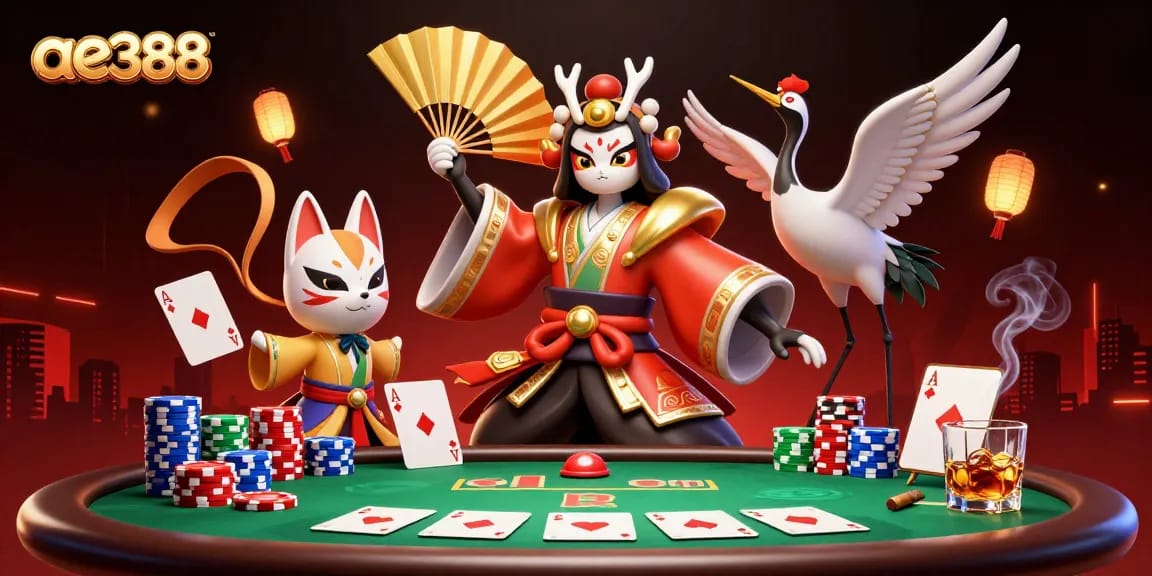 Play poker with ae388 in a vibrant 3D scene featuring a kabuki warrior and kitsune mask.